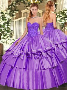 Latest Organza and Taffeta Sweetheart Sleeveless Lace Up Beading and Ruffles Quince Ball Gowns in Lavender