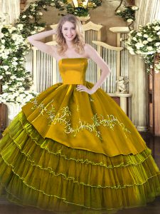 Brown Sweet 16 Dress Military Ball and Sweet 16 and Quinceanera with Embroidery and Ruffled Layers Strapless Sleeveless 