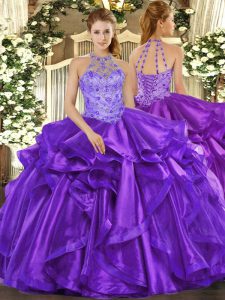 Flirting Purple Organza Lace Up 15th Birthday Dress Sleeveless Floor Length Beading and Embroidery and Ruffles