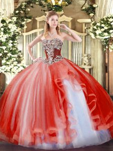 Sumptuous Coral Red Tulle Lace Up 15 Quinceanera Dress Sleeveless Floor Length Beading and Ruffles