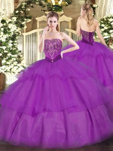 Deluxe Floor Length Lace Up Quinceanera Dress Purple for Military Ball and Sweet 16 and Quinceanera with Beading and Ruf