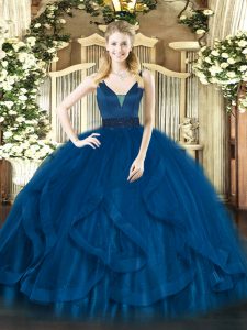 Floor Length Zipper Ball Gown Prom Dress Royal Blue for Military Ball and Sweet 16 and Quinceanera with Beading and Ruff