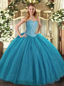 Teal Lace Up Sweetheart Beading Sweet 16 Quinceanera Dress Tulle Sleeveless