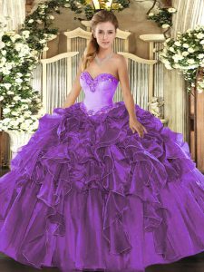 Sweetheart Sleeveless Quinceanera Dress Floor Length Beading and Ruffles Purple Organza