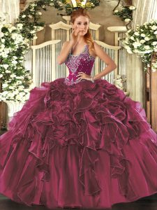 Exceptional Burgundy Sleeveless Beading and Ruffles Floor Length Quinceanera Dresses
