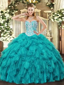 Teal Lace Up Sweetheart Beading and Ruffles Vestidos de Quinceanera Tulle Sleeveless