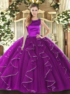 Eggplant Purple Sleeveless Floor Length Ruffles Lace Up Ball Gown Prom Dress