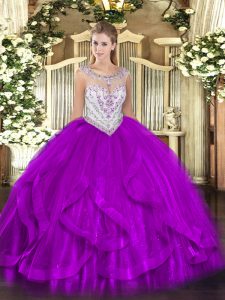 Artistic Eggplant Purple Sweet 16 Dresses Military Ball and Sweet 16 and Quinceanera with Beading and Ruffles Scoop Slee