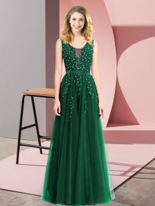 Excellent Floor Length Backless Evening Dress Dark Green for Prom and Party with Beading and Appliques