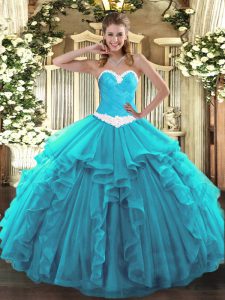 Cute Floor Length Lace Up 15th Birthday Dress Aqua Blue for Military Ball and Sweet 16 and Quinceanera with Appliques an