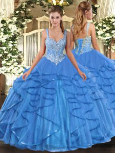 Custom Made Baby Blue Straps Lace Up Beading and Ruffles Ball Gown Prom Dress Sleeveless