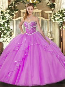 Fashionable Sleeveless Floor Length Beading and Ruffles Lace Up 15th Birthday Dress with Lilac
