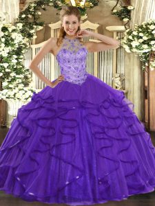 Purple Sleeveless Beading and Ruffles Floor Length Sweet 16 Quinceanera Dress