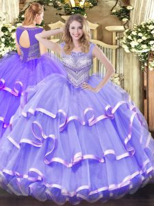 Lavender Lace Up Quinceanera Dress Beading and Ruffled Layers Sleeveless Floor Length