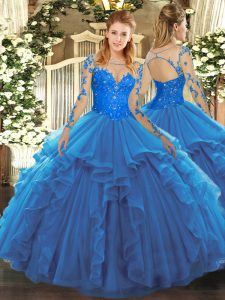 Amazing Blue Ball Gowns Lace and Ruffles Quince Ball Gowns Lace Up Tulle Long Sleeves Floor Length