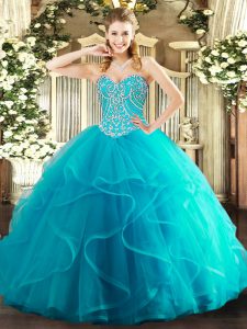 Teal Tulle Lace Up Sweetheart Sleeveless Floor Length Vestidos de Quinceanera Beading and Ruffles
