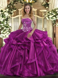 Fuchsia Ball Gowns Strapless Sleeveless Organza Floor Length Lace Up Beading and Ruffles Ball Gown Prom Dress