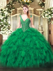 Green Organza Lace Up V-neck Sleeveless Floor Length Sweet 16 Dress Beading and Ruffles