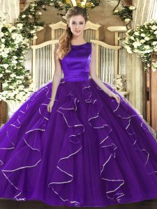 Tulle Scoop Sleeveless Lace Up Ruffles 15 Quinceanera Dress in Purple