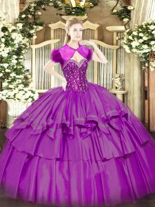 Stunning Beading and Ruffled Layers Quinceanera Dresses Fuchsia Lace Up Sleeveless Floor Length