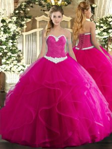 Fine Sleeveless Lace Up Floor Length Appliques and Ruffles Quince Ball Gowns