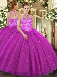 Eye-catching Sleeveless Floor Length Beading and Embroidery and Sequins Lace Up Sweet 16 Dresses with Fuchsia