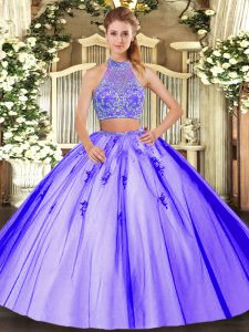 Spectacular Lavender Tulle Criss Cross Halter Top Sleeveless Floor Length Sweet 16 Dress Beading