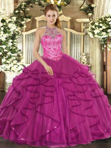 Elegant Fuchsia Lace Up Halter Top Beading and Ruffles Ball Gown Prom Dress Tulle Sleeveless