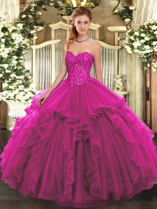 Sophisticated Fuchsia Sleeveless Tulle Lace Up Quinceanera Gowns for Military Ball and Sweet 16 and Quinceanera