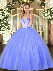 Popular Blue Sleeveless Floor Length Beading Lace Up Quinceanera Dresses