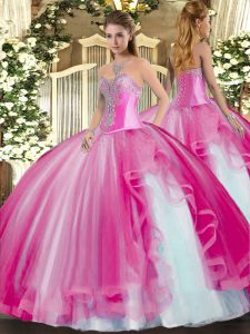 Flare Tulle Sweetheart Sleeveless Lace Up Beading and Ruffles Vestidos de Quinceanera in Fuchsia