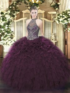Dark Purple Ball Gowns Beading and Ruffles Quinceanera Gown Lace Up Organza Sleeveless Floor Length