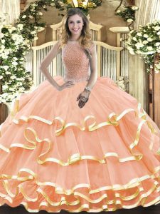 Extravagant High-neck Sleeveless Sweet 16 Dresses Floor Length Beading and Ruffled Layers Peach Organza