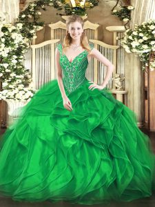New Style Green Lace Up Quinceanera Gown Beading and Ruffles Sleeveless Floor Length