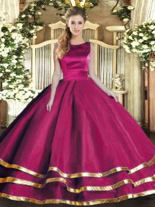 Fuchsia Ball Gowns Tulle Scoop Sleeveless Ruffled Layers Floor Length Lace Up Vestidos de Quinceanera