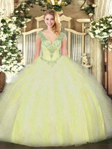 Fancy Beading and Ruffles Vestidos de Quinceanera Yellow Green Lace Up Sleeveless Floor Length