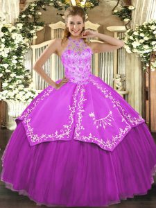 Suitable Halter Top Sleeveless Vestidos de Quinceanera Floor Length Beading and Embroidery Fuchsia Satin and Tulle