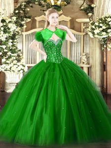 Modest Floor Length Green 15 Quinceanera Dress Tulle Sleeveless Beading