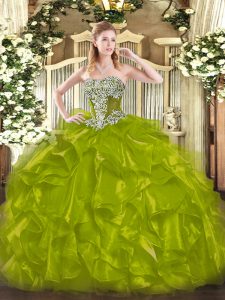 Pretty Olive Green Sleeveless Beading and Ruffles Floor Length 15 Quinceanera Dress