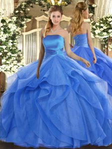 Clearance Floor Length Lace Up Quinceanera Gown Blue for Military Ball and Sweet 16 and Quinceanera with Ruffles