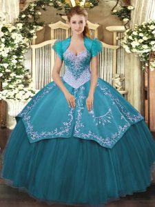Teal Ball Gowns Beading and Embroidery Vestidos de Quinceanera Lace Up Satin and Tulle Sleeveless Floor Length