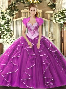 Fuchsia Quinceanera Gown Military Ball and Sweet 16 and Quinceanera with Beading Sweetheart Sleeveless Lace Up