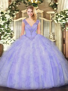 Eye-catching Lavender Sleeveless Organza Lace Up Vestidos de Quinceanera for Military Ball and Sweet 16 and Quinceanera