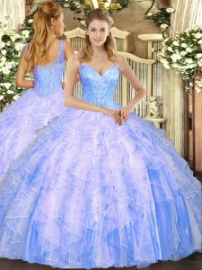 Admirable Sleeveless Floor Length Beading and Ruffles Lace Up Ball Gown Prom Dress with Light Blue