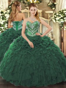 Dark Green Ball Gowns Beading and Ruffled Layers Sweet 16 Quinceanera Dress Lace Up Tulle Sleeveless Floor Length