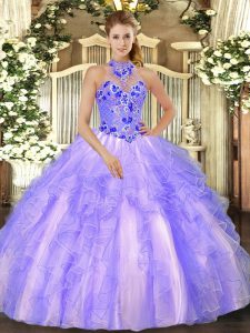 Best Lavender Sleeveless Embroidery and Ruffles Floor Length Quinceanera Dresses