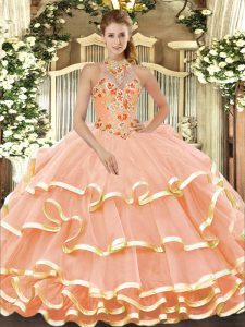Simple Organza Halter Top Sleeveless Lace Up Beading and Embroidery 15 Quinceanera Dress in Peach