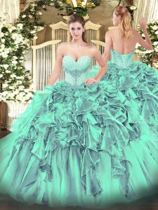 Pretty Turquoise Lace Up 15th Birthday Dress Beading and Ruffles Sleeveless Floor Length