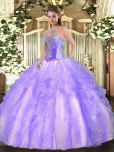 Perfect Tulle Sweetheart Sleeveless Lace Up Beading and Ruffles Sweet 16 Dresses in Lavender