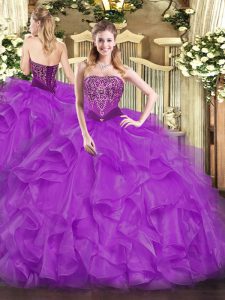 Affordable Purple Organza Lace Up Quince Ball Gowns Sleeveless Floor Length Beading and Ruffles